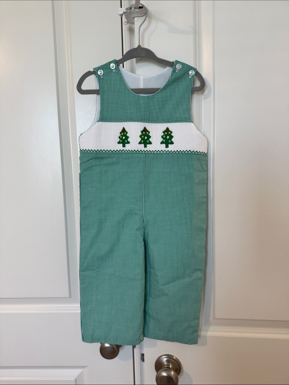 Stitchy Fish Gingham Smocked Jon Jon with Christmas Tree
